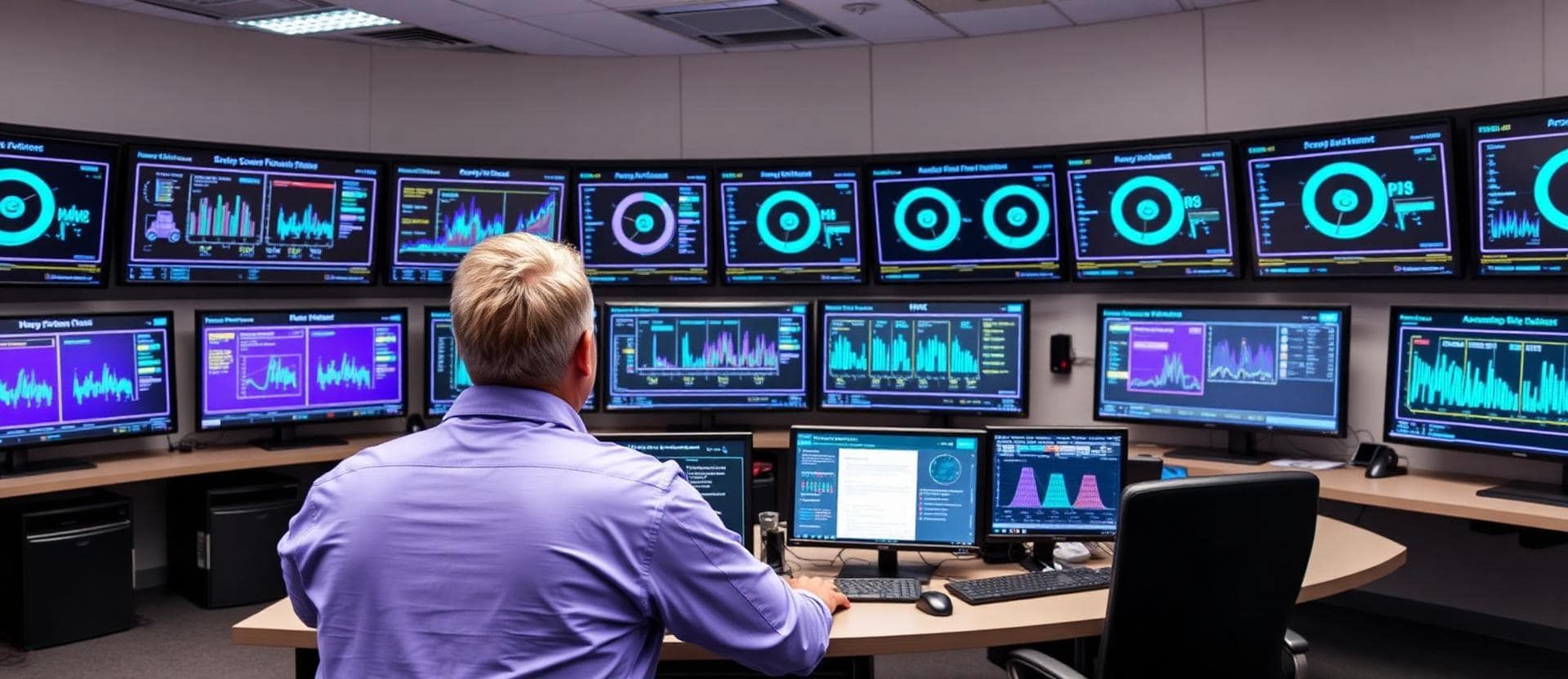 Facility services operations team monitoring building dashboards from a control room