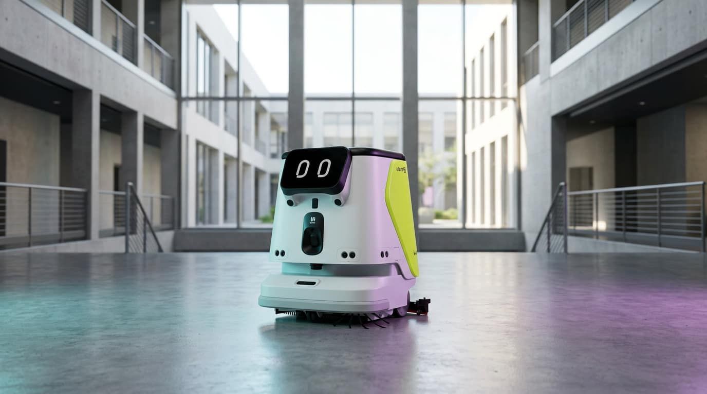 Pudu CC1 Pro autonomous floor-cleaning robot operating in a campus building