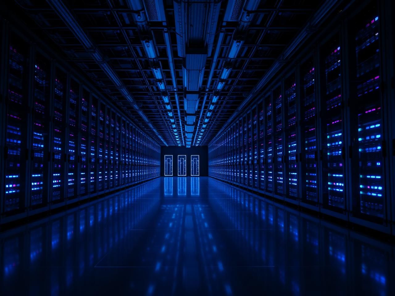 Modern enterprise data center server hall with illuminated racks