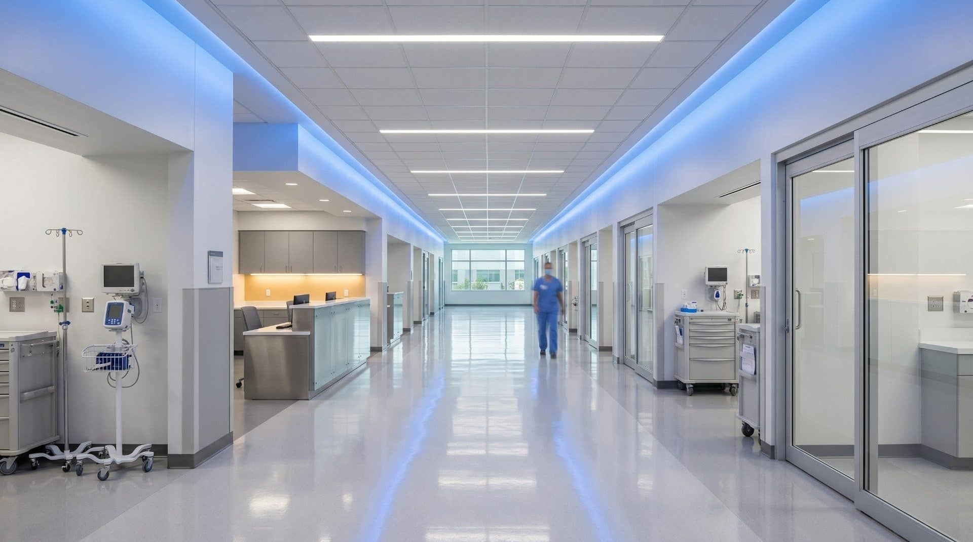 Modern hospital corridor with clinical lighting and pristine floors