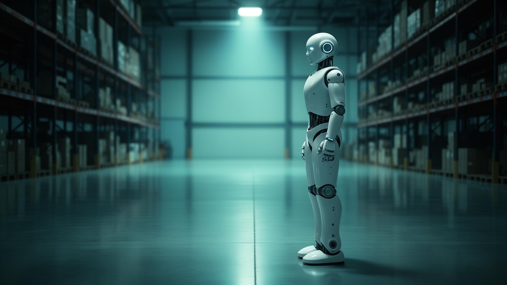 Humanoid robot in a real warehouse environment, cinematic lighting, futuristic but grounded