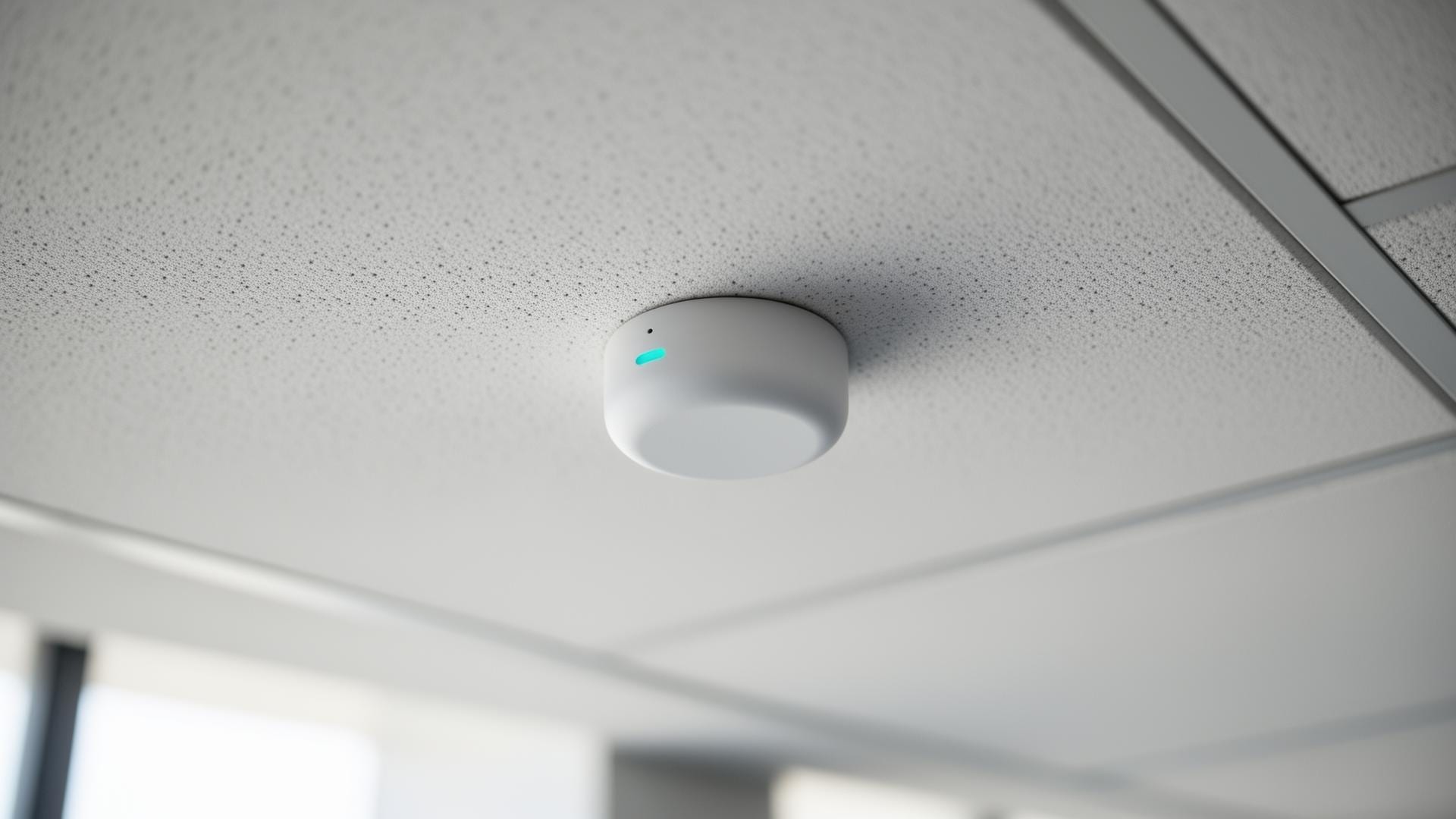 Macro shot of a discreet IoT sensor mounted on a ceiling tile, soft daylight, shallow depth of field