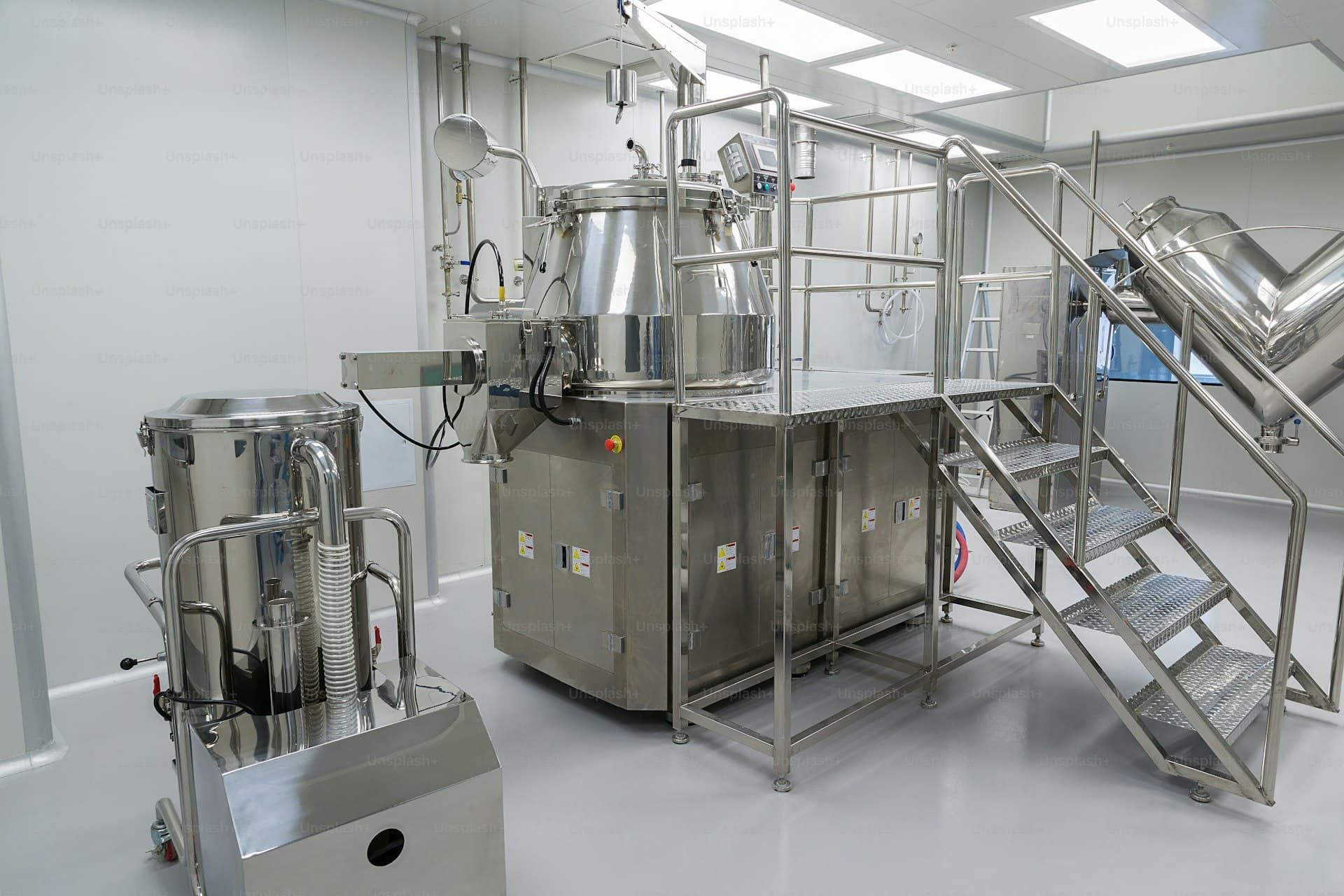 Pharmaceutical cleanroom interior with gowned technician and controlled environment