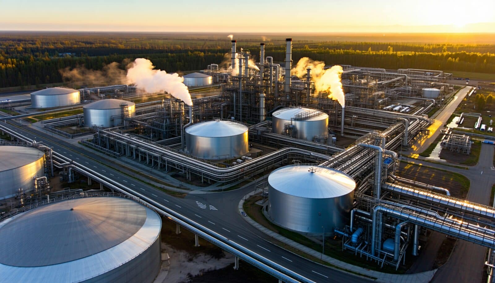 Aerial view of an oil and gas refinery complex at sunset