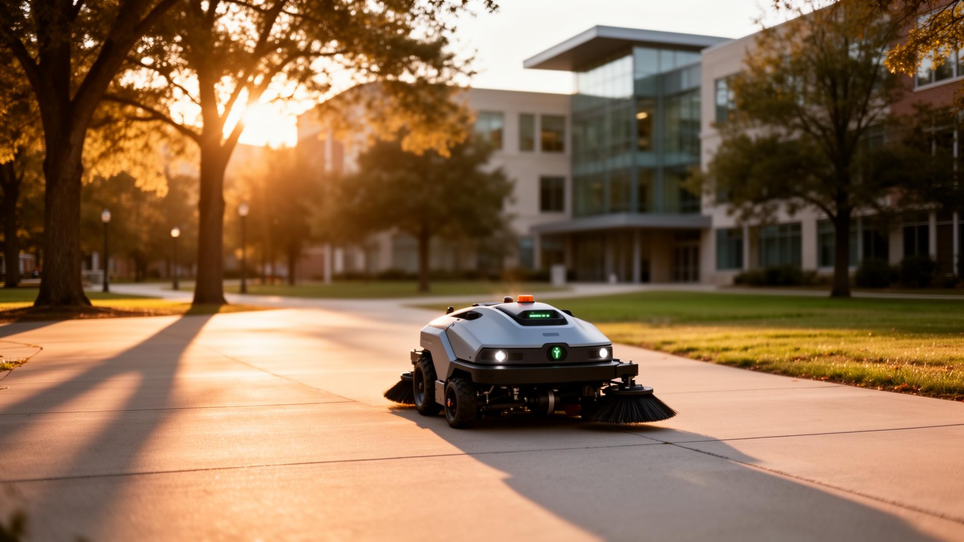 Outdoor autonomous mower or sweeper on a campus walkway at golden hour, wide shot