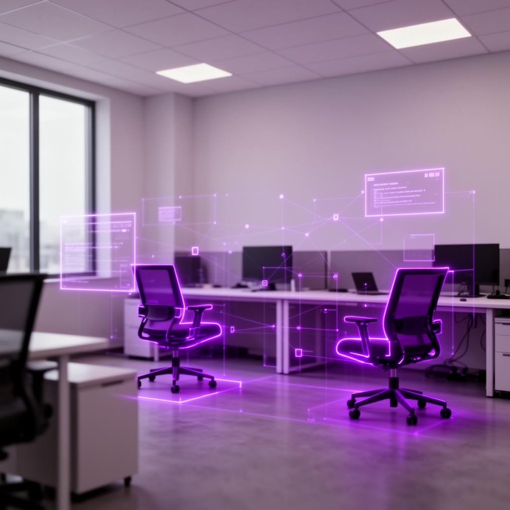 AI scene understanding visualization with holographic overlays on an indoor office environment