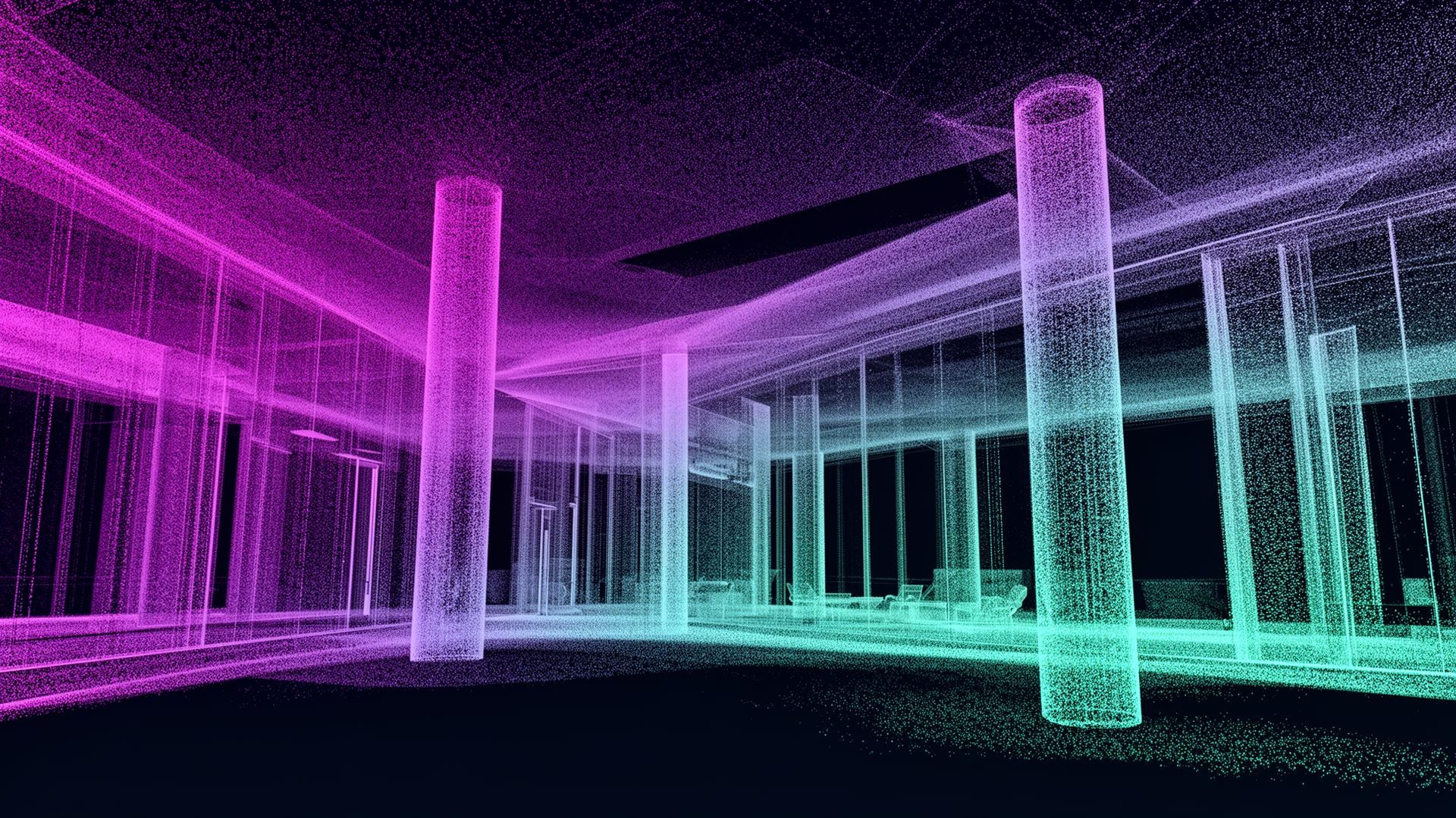 3D LiDAR point cloud of a building interior, purple-to-cyan gradient mesh, technical render