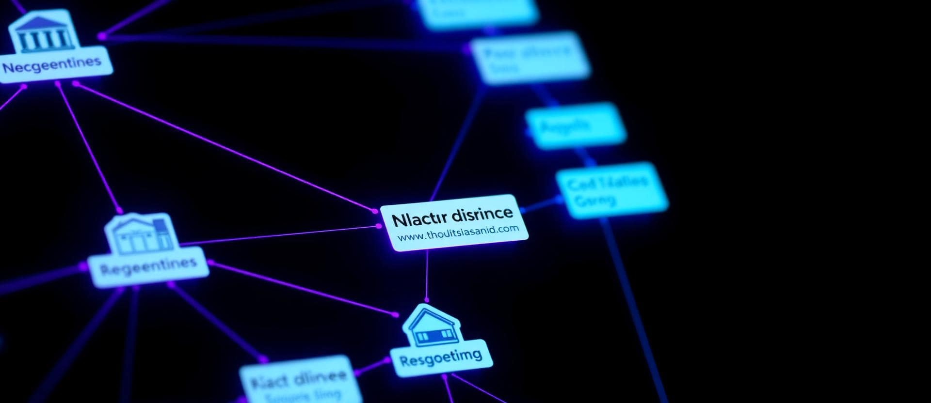 Close-up of glowing entity nodes connected by curved purple and cyan relationship edges