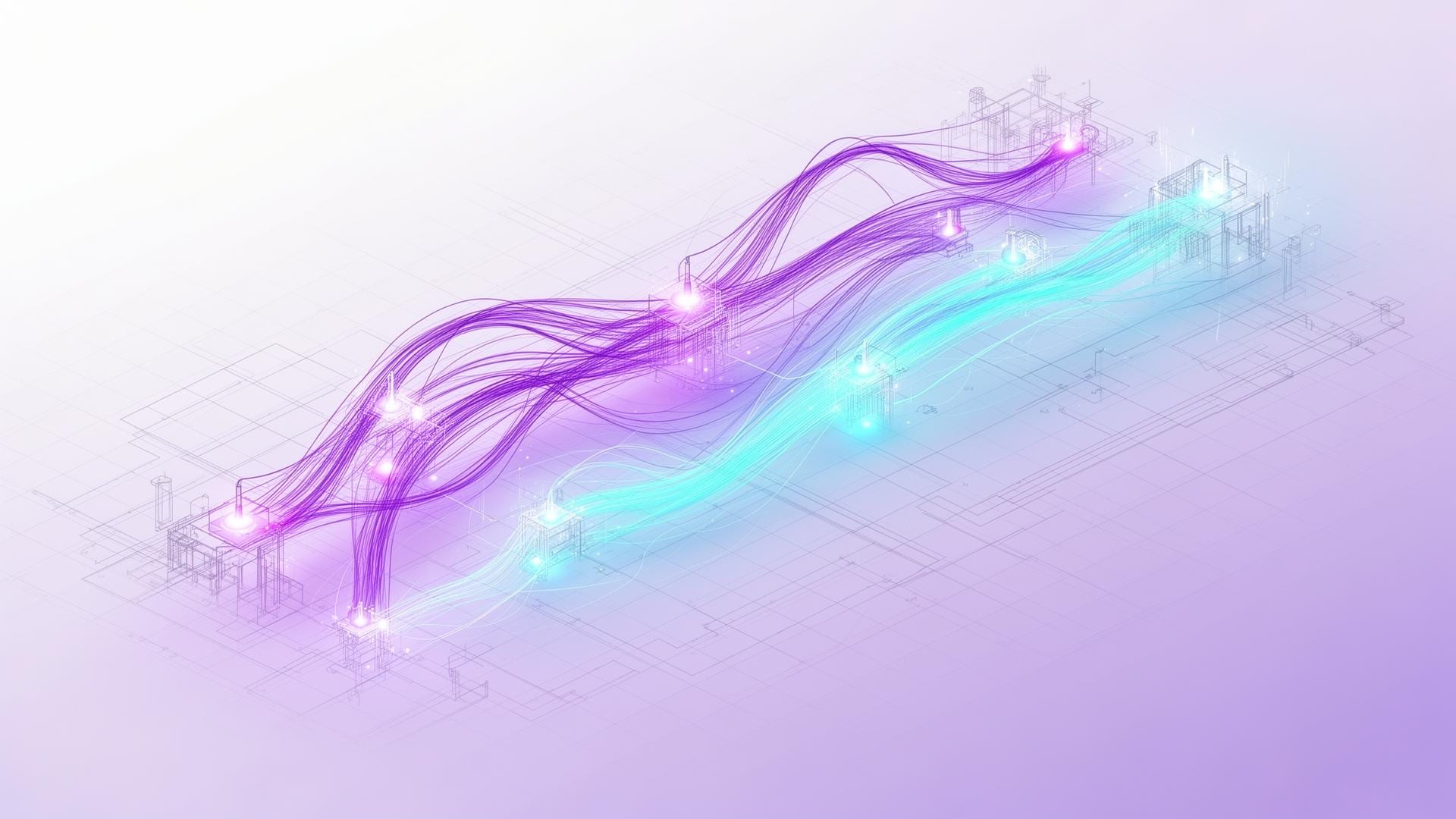 Abstract visualization of SiteIQ's spatial intelligence connecting facilities, sensors, and robotics