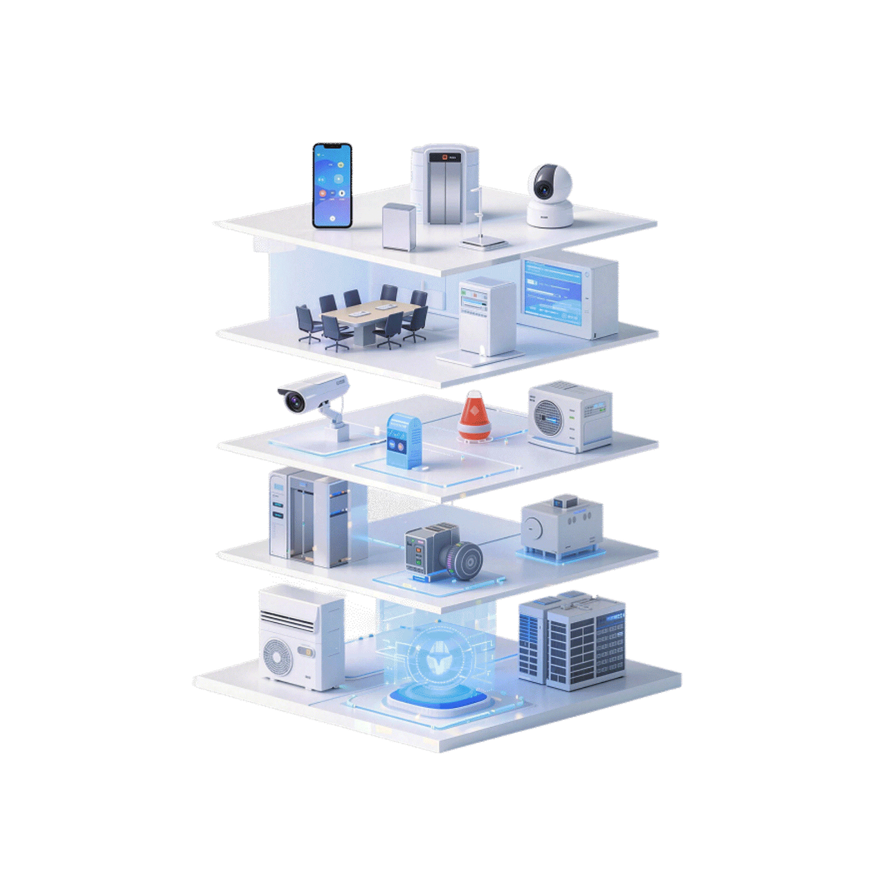 3D rendering of building infrastructure layers — connected devices, sensors, servers, and robotics.